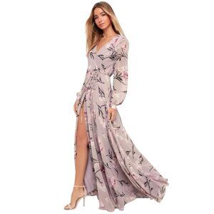 Lulus Loving You Dusty Purple Floral Maxi Wrap Dress Balloon Sheer Sleeve Size S